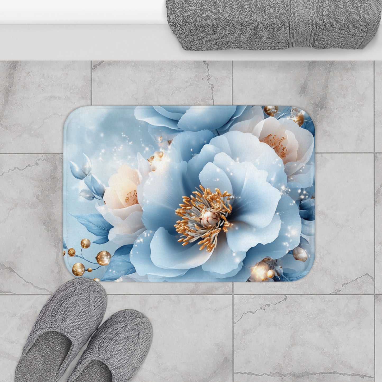 Luxury Blue Floral Memory Foam Bath Mat | Soft, Absorbent & Non-Slip Bathroom Rug