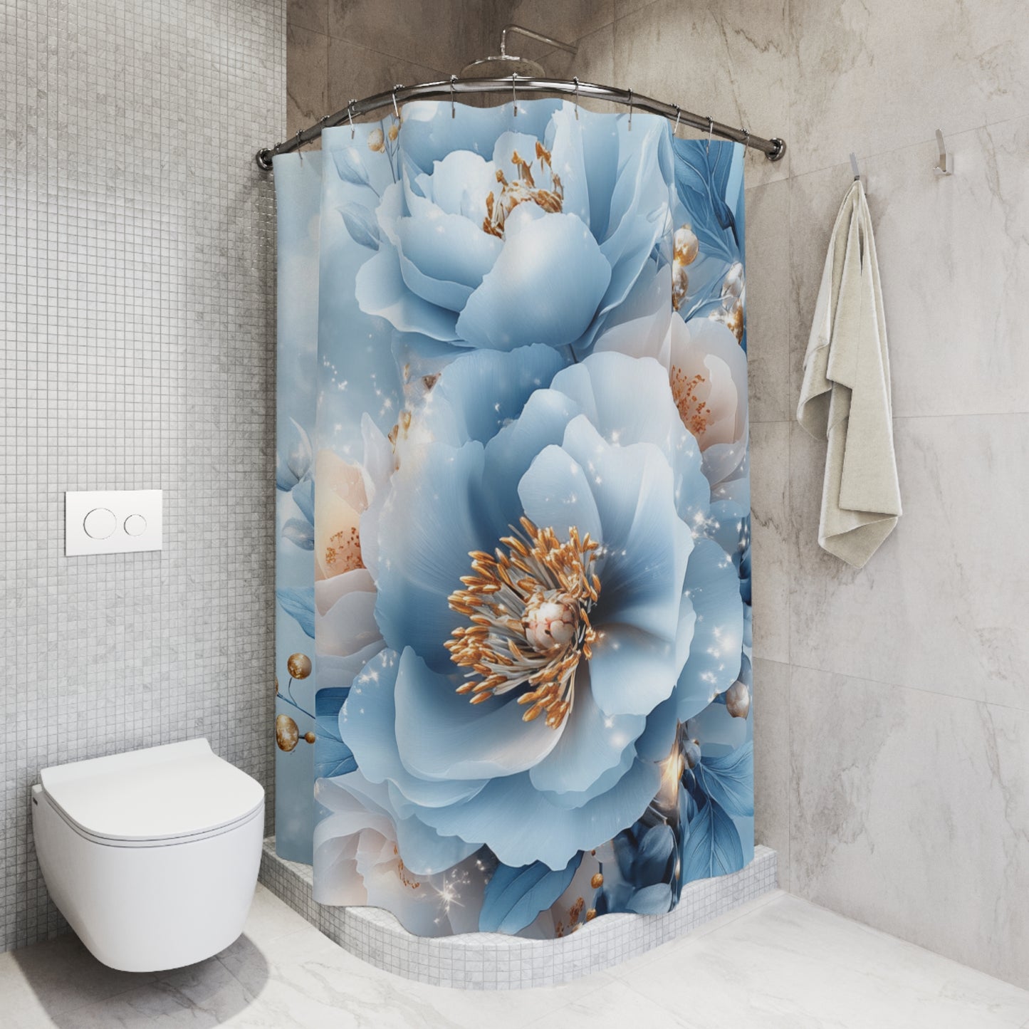 Luxury Blue Floral Shower Curtain | Elegant 3D Peony & Gold Botanical Bathroom Décor