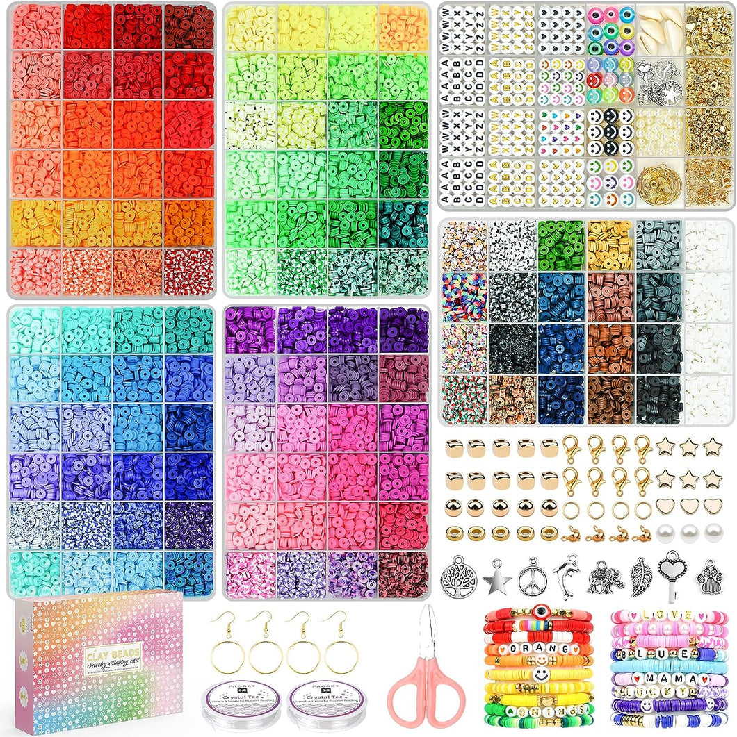 Paodey 20,000 Pcs Clay Beads Bracelet Making Kit, 120 Colors 6 Boxes Polymer Beads Spacer Heishi Beads & Jewelry Kit with Pendant Charms Elastic Strings, Crafts Gift for Kids Adults