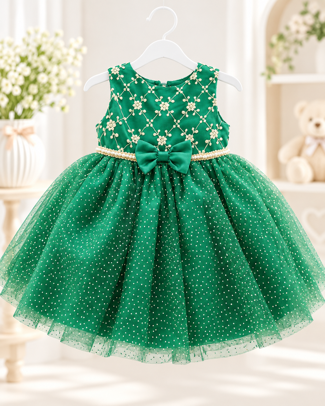Emerald Green Girls Party Dress | Floral Embroidered Tulle Special Occasion Dress