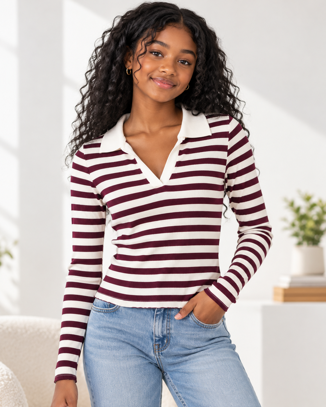 No Boundaries junior Striped Long Sleeve Collared Top