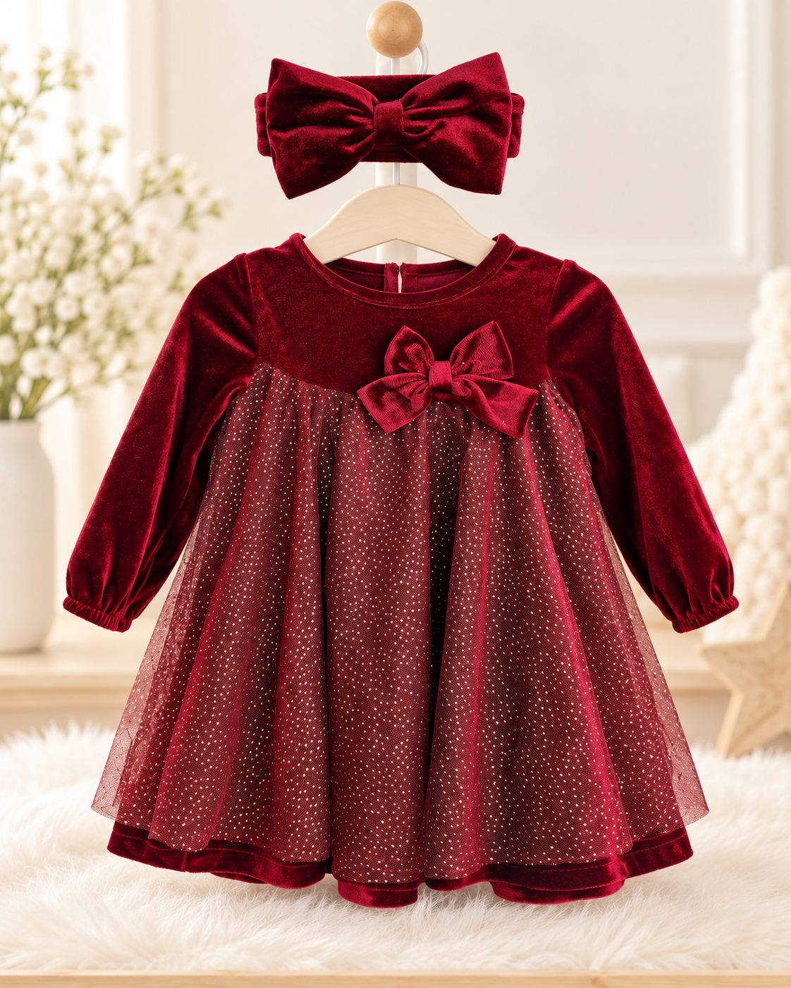 Burgundy Velvet Baby Dress Set with Matching Headband | 2-Piece Baby Girl Outfit 18 months