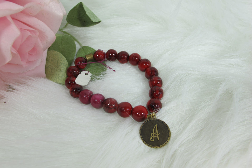 Red Glass Bead Monogram Charm Bracelet - A