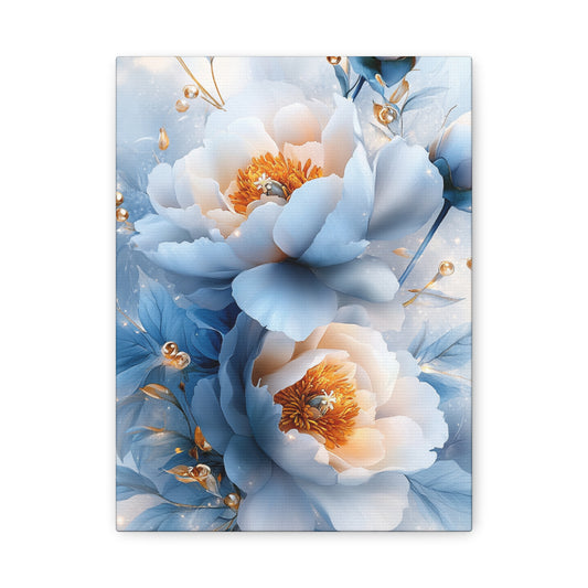 Luxury Blue Floral Stretched Canvas Print | Elegant 3D Peony & Gold Botanical Wall Art Matte Canvas, Stretched, 1.25"