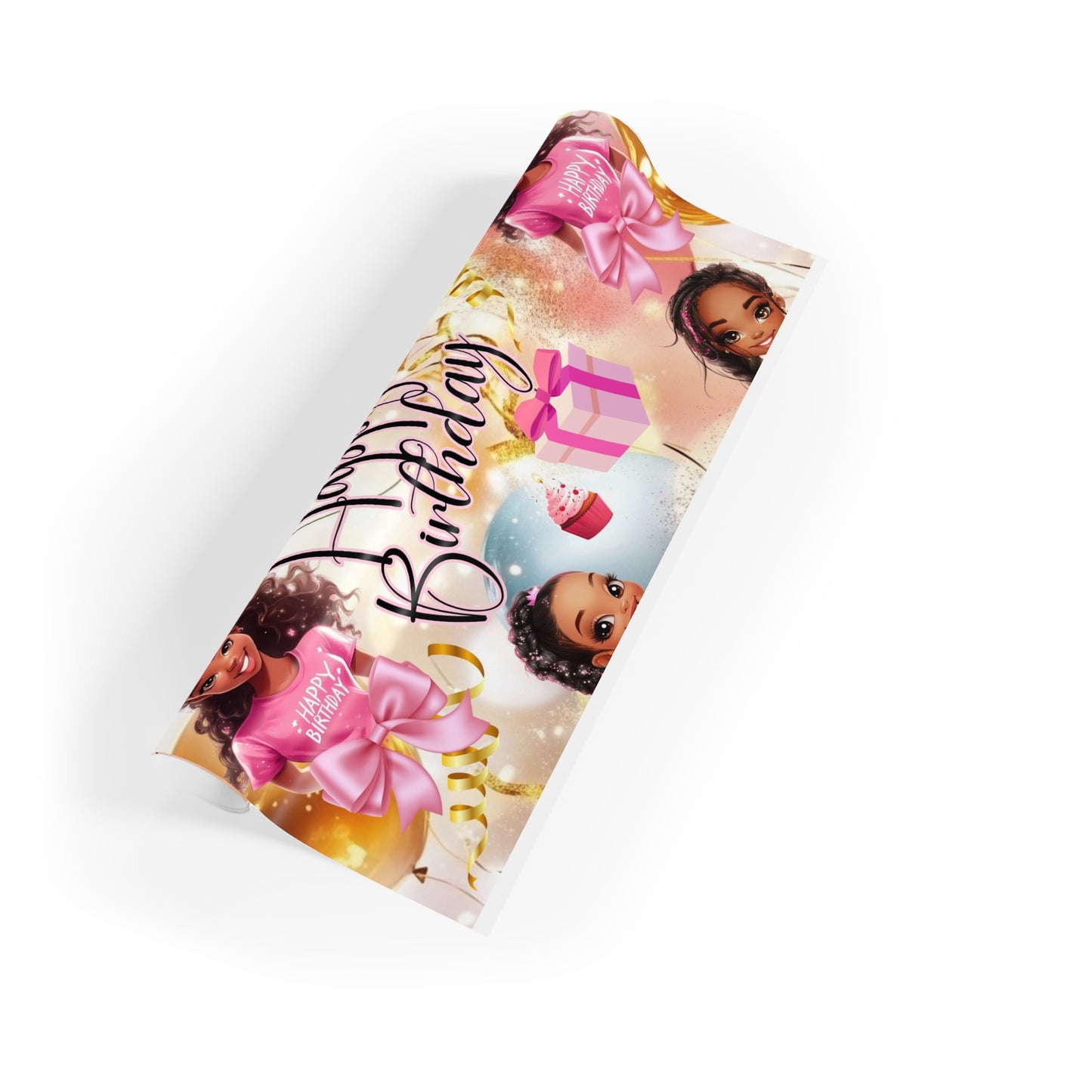 Wrapping Paper Roll - Birthday African American Girl Pink and Gold Design