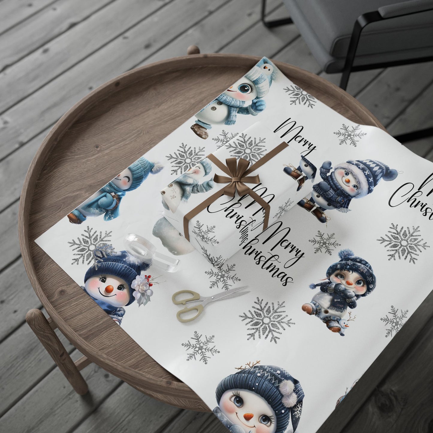 Christmas Wrapping Papers - Blue Snowmen with Silver Snowflakes Design