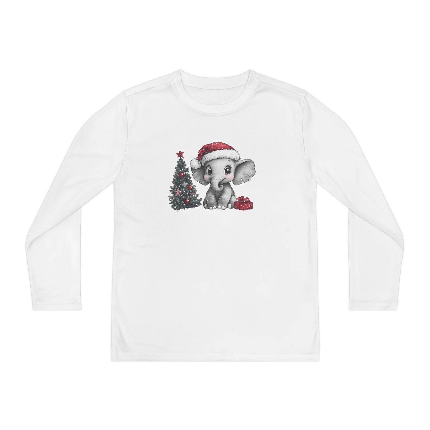 Personalized Cute Little Christmas Elephant with Santa Hat Youth Long Sleeve Competitor Tee