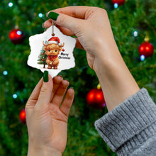 Load image into Gallery viewer, Cute Highland Cow with Christmas Tree and Merry Christmas Ceramic Ornament, 2 Shapes
