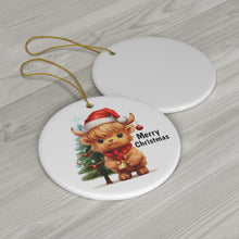 Load image into Gallery viewer, Cute Highland Cow with Christmas Tree and Merry Christmas Ceramic Ornament, 2 Shapes
