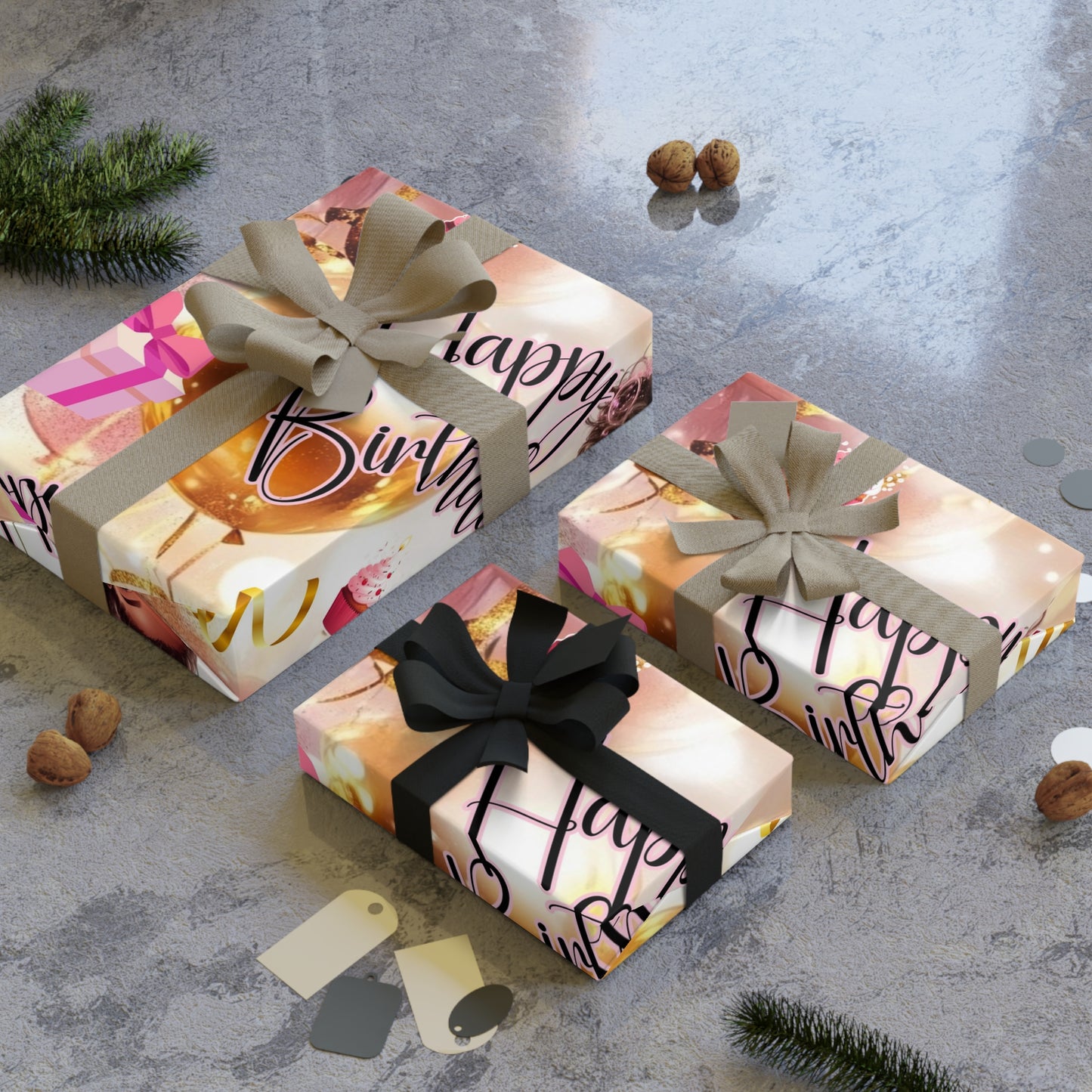 Wrapping Paper Roll - Birthday African American Girl Pink and Gold Design