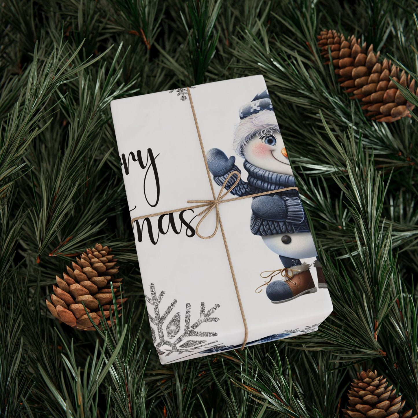 Christmas Wrapping Papers - Blue Snowmen with Silver Snowflakes Design