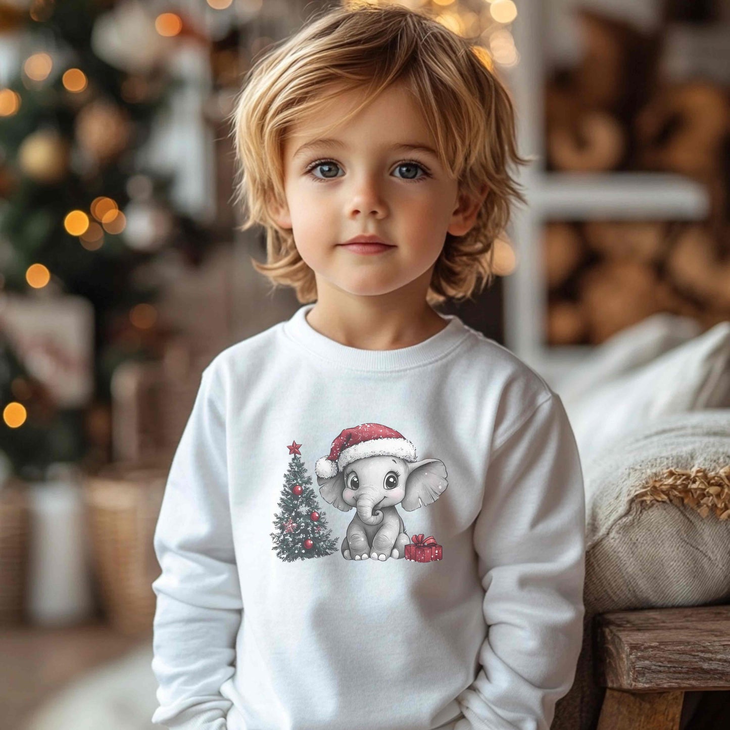 Personalized Cute Little Christmas Elephant with Santa Hat Youth Long Sleeve Competitor Tee