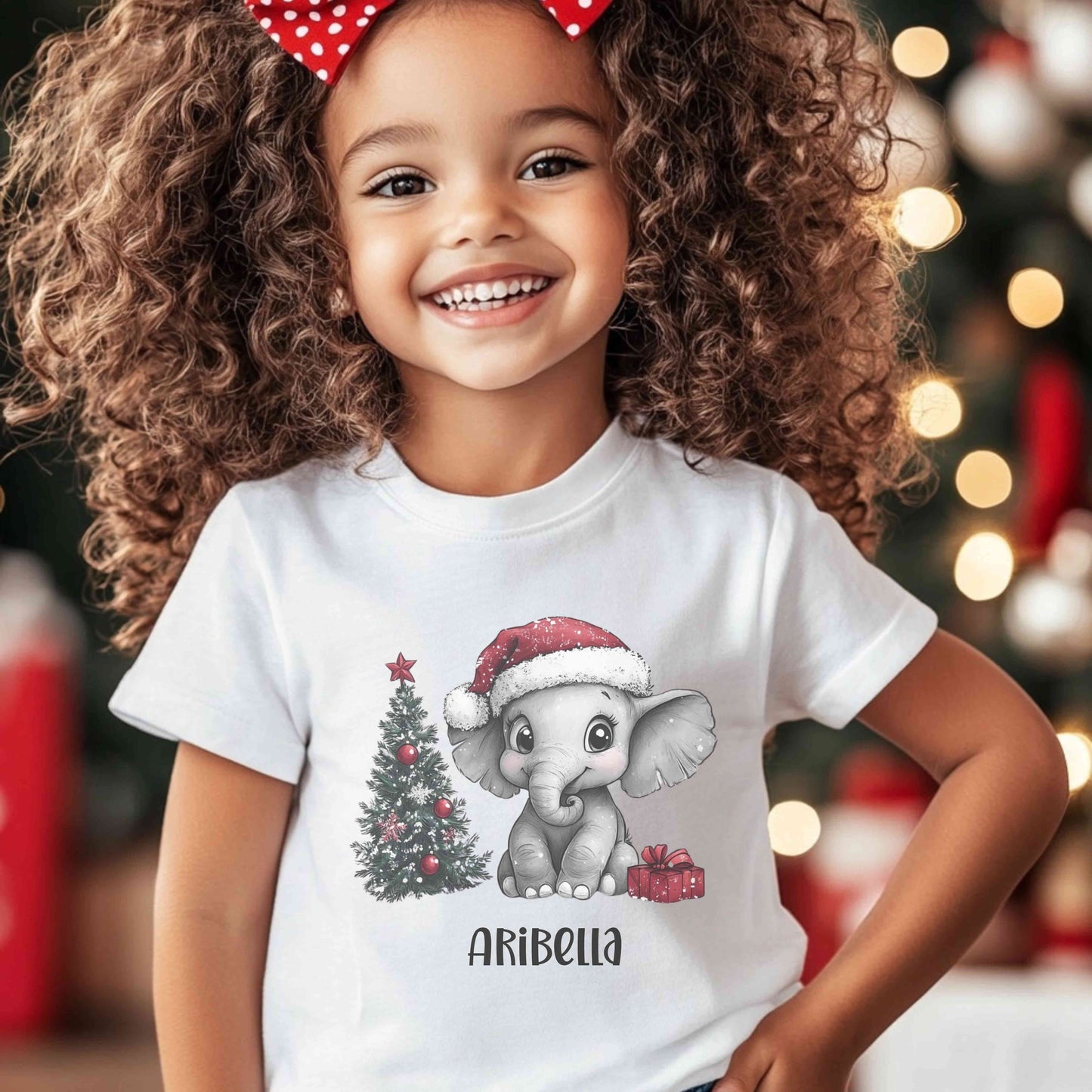 Personalized Cute Little Christmas Elephant with Santa Hat Youth Long Sleeve Competitor Tee