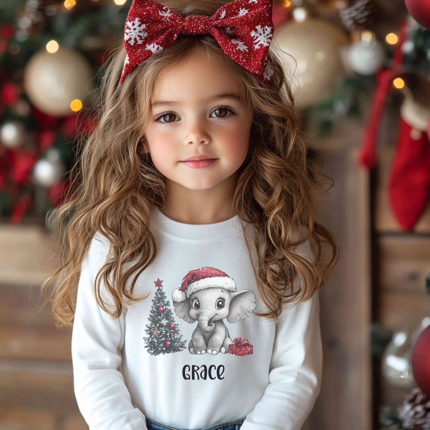 Personalized Cute Little Christmas Elephant with Santa Hat Youth Long Sleeve Competitor Tee