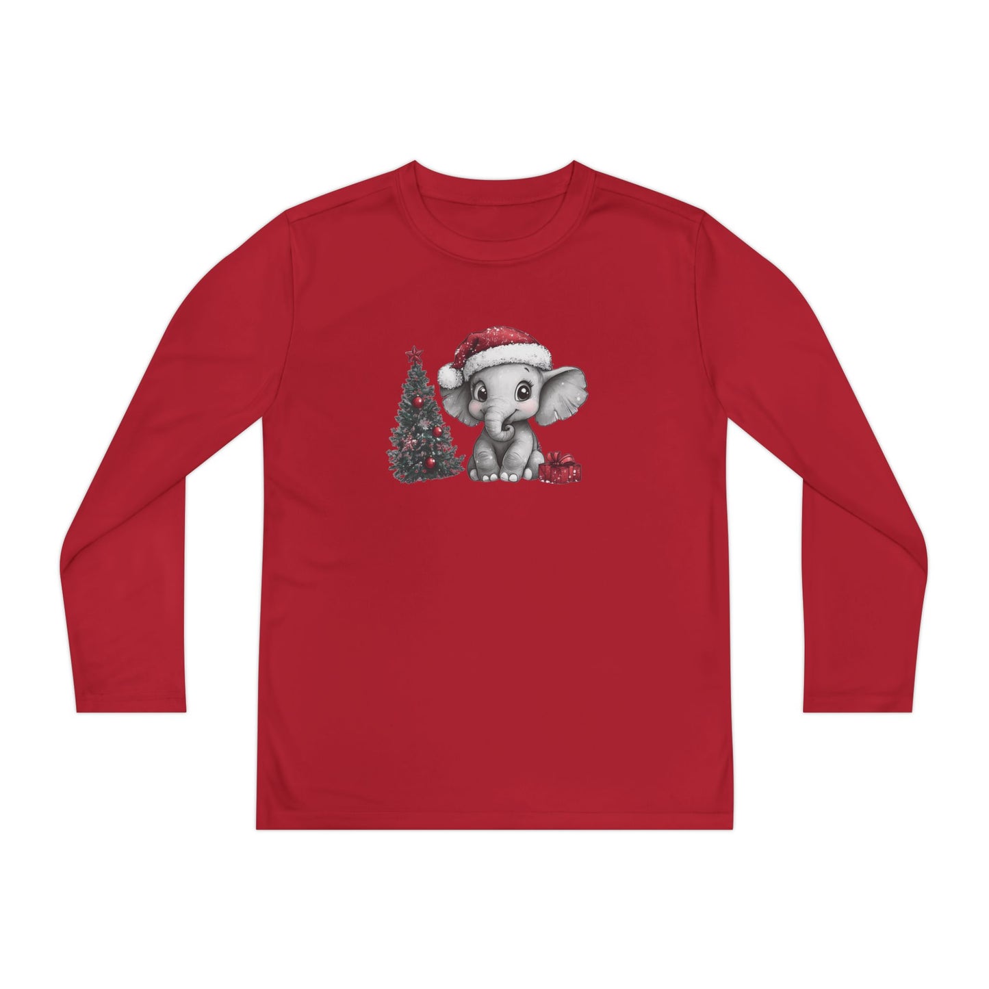 Personalized Cute Little Christmas Elephant with Santa Hat Youth Long Sleeve Competitor Tee