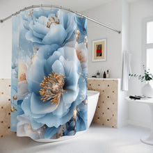 Load image into Gallery viewer, Luxury Blue Floral Shower Curtain | Elegant 3D Peony &amp; Gold Botanical Bathroom Décor
