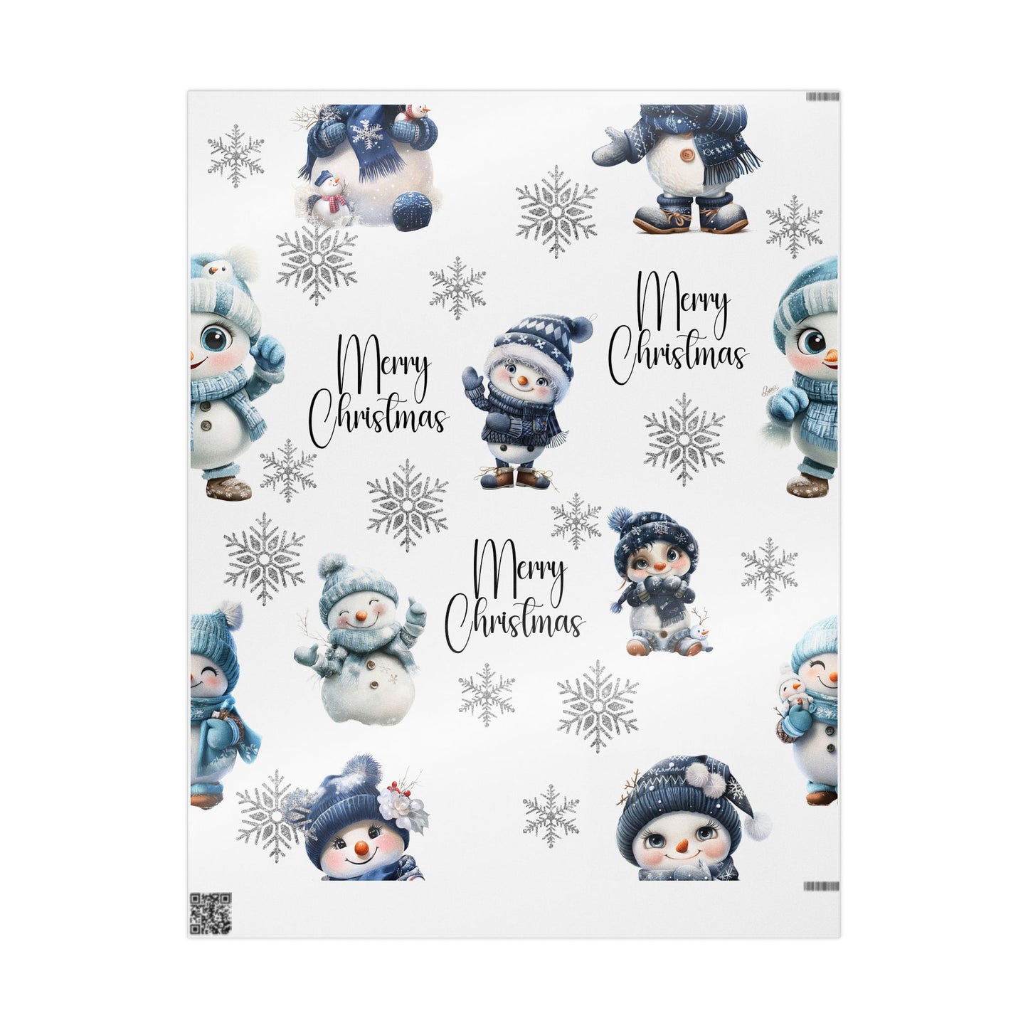 Christmas Wrapping Papers - Blue Snowmen with Silver Snowflakes Design