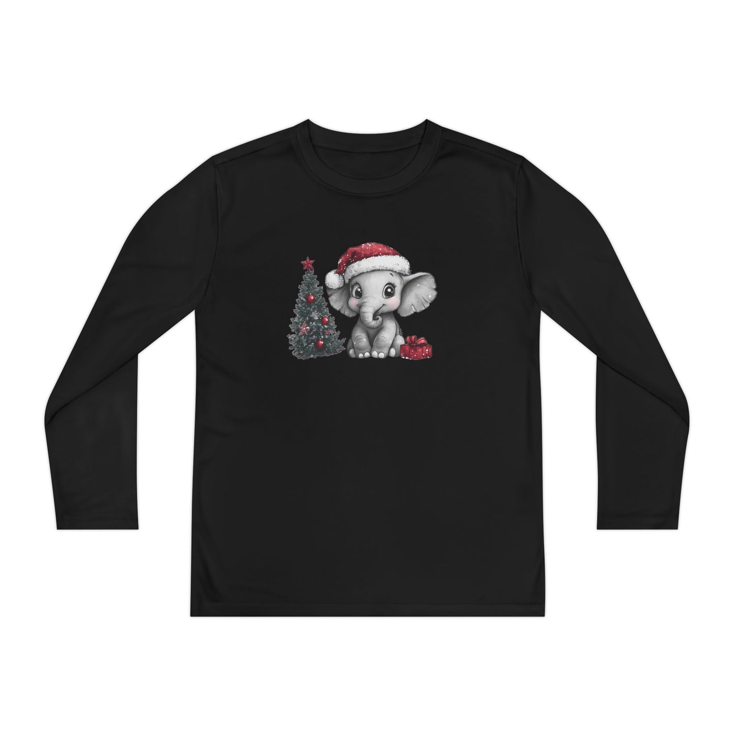 Personalized Cute Little Christmas Elephant with Santa Hat Youth Long Sleeve Competitor Tee