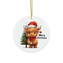 Load image into Gallery viewer, Cute Highland Cow with Christmas Tree and Merry Christmas Ceramic Ornament, 2 Shapes
