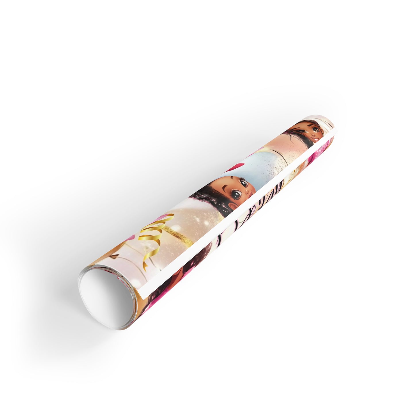 Wrapping Paper Roll - Birthday African American Girl Pink and Gold Design