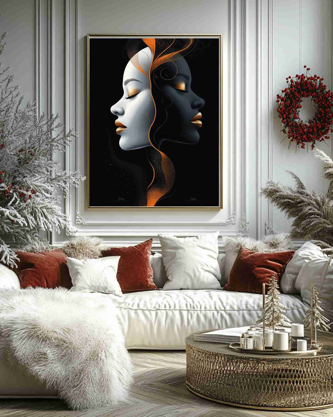 Elegant Dual-Profile Digital Wall Art - Black, White, and Gold Modern Abstract Printable Artwork