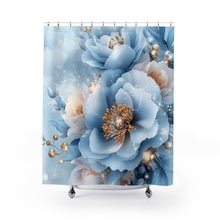 Load image into Gallery viewer, Luxury Blue Floral Shower Curtain | Elegant 3D Peony &amp; Gold Botanical Bathroom Décor
