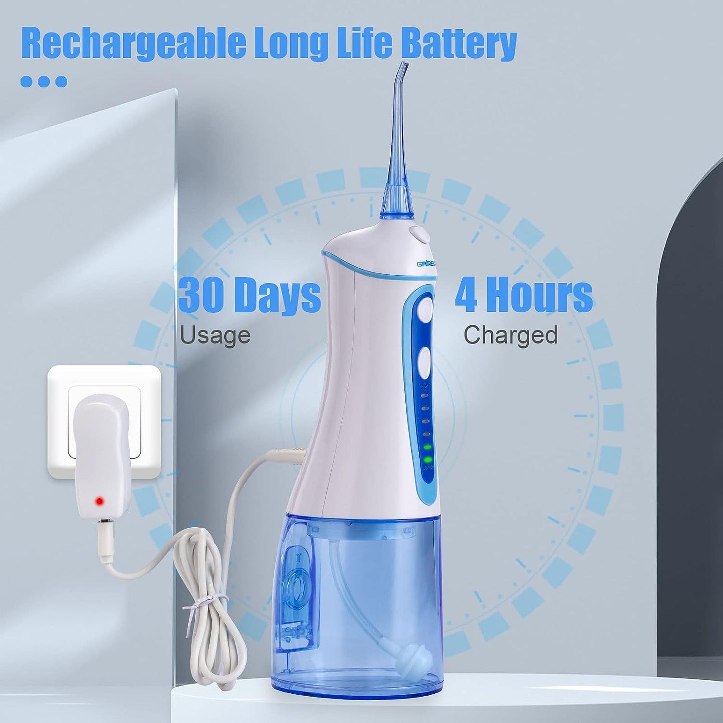 Water Dental Flosser for Teeth Cleaning,Grinest 7 Levels Cordless Powerful Battery Water Teeth Cleaner Pick Care Portable Rechargeable Dental Oral Irrigator IPX7 Waterproof for Home Travel (White)