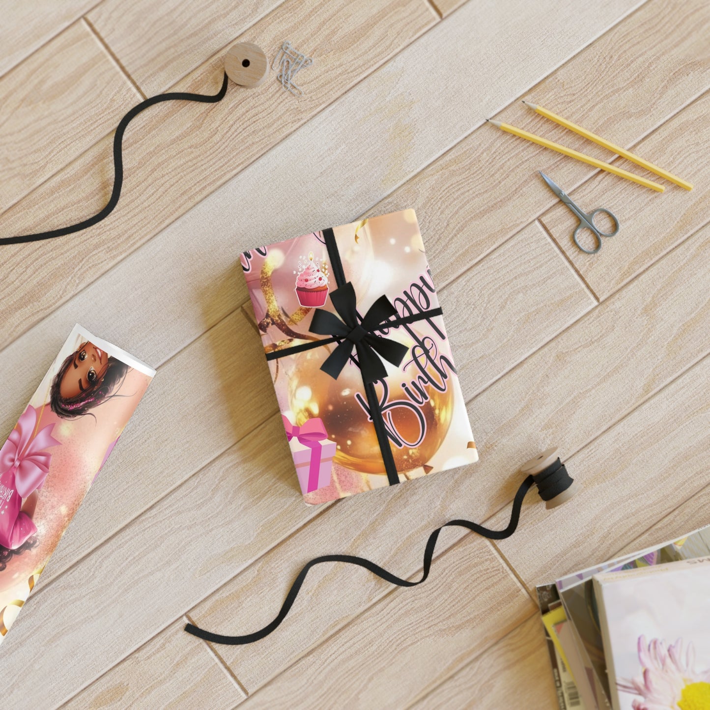 Wrapping Paper Roll - Birthday African American Girl Pink and Gold Design