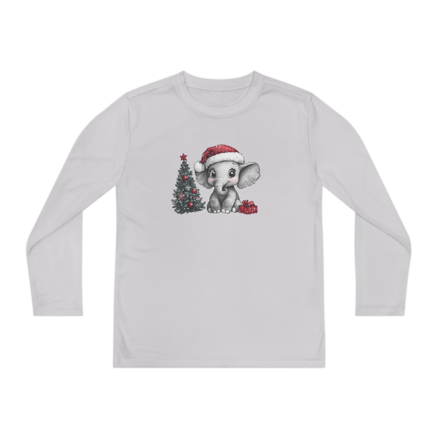 Personalized Cute Little Christmas Elephant with Santa Hat Youth Long Sleeve Competitor Tee