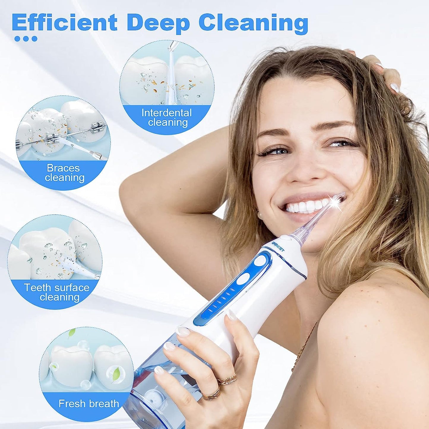 Water Dental Flosser for Teeth Cleaning,Grinest 7 Levels Cordless Powerful Battery Water Teeth Cleaner Pick Care Portable Rechargeable Dental Oral Irrigator IPX7 Waterproof for Home Travel (White)