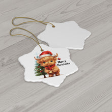 Load image into Gallery viewer, Cute Highland Cow with Christmas Tree and Merry Christmas Ceramic Ornament, 2 Shapes
