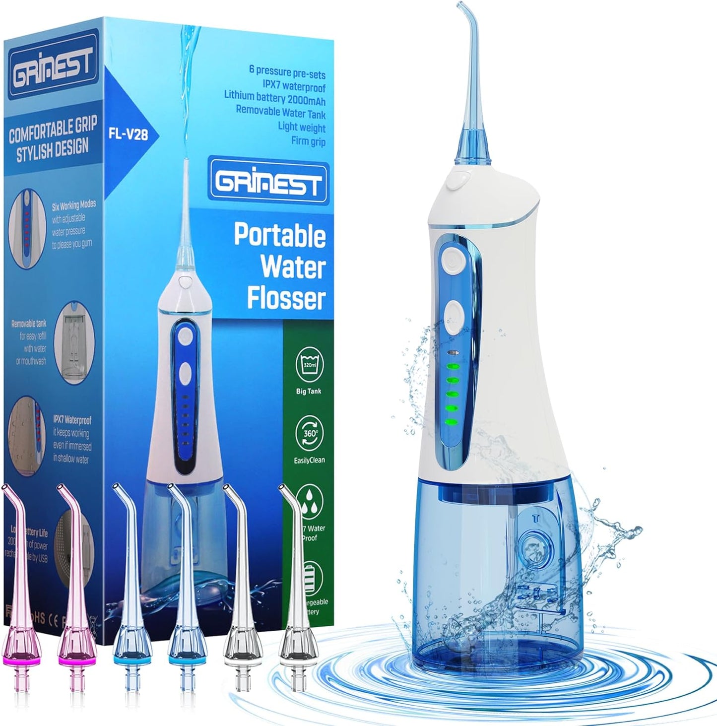 Water Dental Flosser for Teeth Cleaning,Grinest 7 Levels Cordless Powerful Battery Water Teeth Cleaner Pick Care Portable Rechargeable Dental Oral Irrigator IPX7 Waterproof for Home Travel (White)