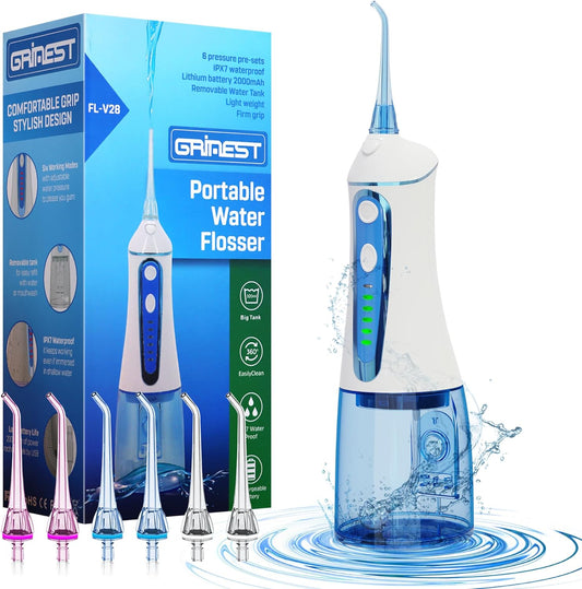 Water Dental Flosser for Teeth Cleaning,Grinest 7 Levels Cordless Powerful Battery Water Teeth Cleaner Pick Care Portable Rechargeable Dental Oral Irrigator IPX7 Waterproof for Home Travel (White)
