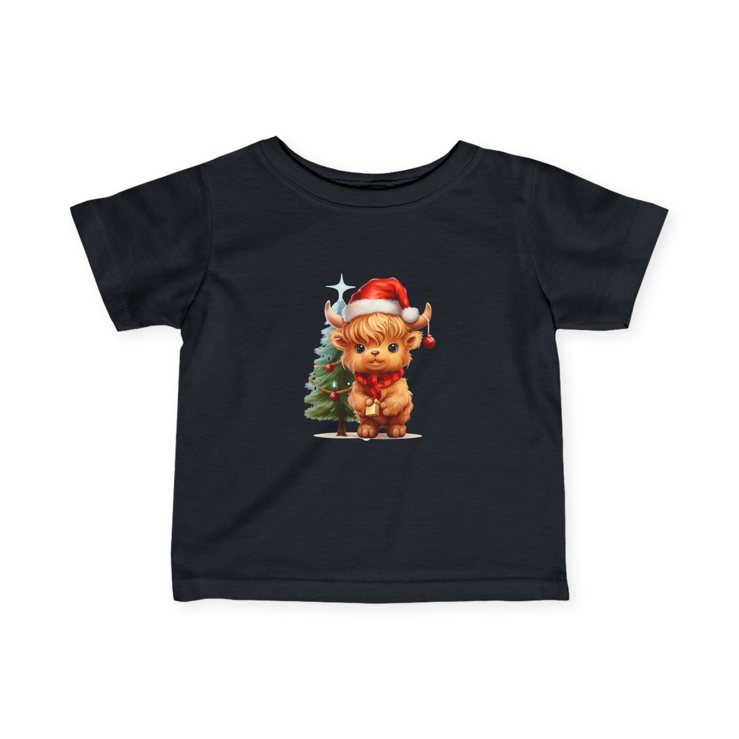 Highland Christmas Cow with Christmas Tree Infant Fine Jersey Tee