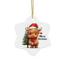 Load image into Gallery viewer, Cute Highland Cow with Christmas Tree and Merry Christmas Ceramic Ornament, 2 Shapes
