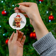 Load image into Gallery viewer, Cute Highland Cow with Christmas Tree and Merry Christmas Ceramic Ornament, 2 Shapes
