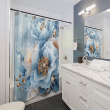 Load image into Gallery viewer, Luxury Blue Floral Shower Curtain | Elegant 3D Peony &amp; Gold Botanical Bathroom Décor
