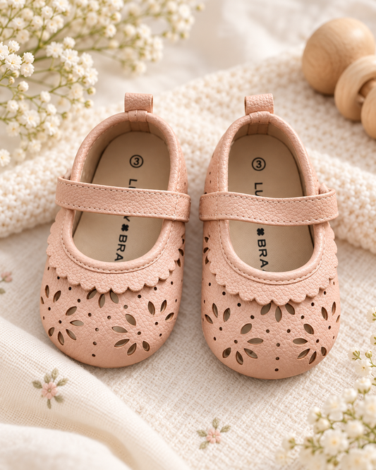 Blush Pink Baby Mary Jane Shoes - Soft Floral Cutout Toddler Dress Shoes