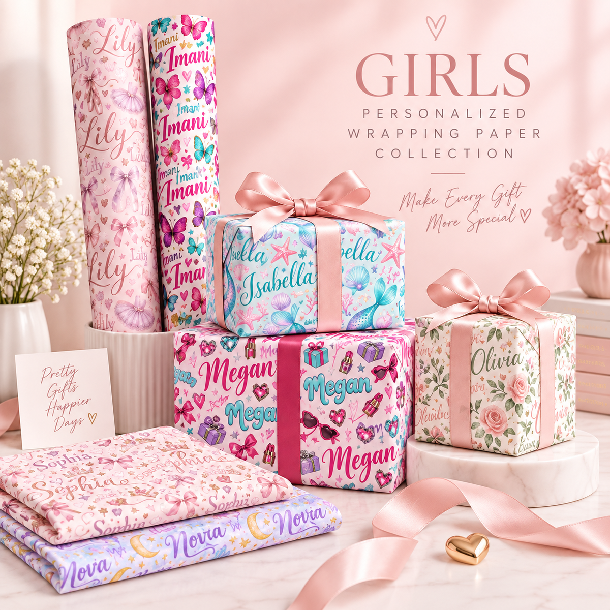 Personalized Satin Wrapping Paper With Name, Custom Birthday Gift Wrap, Kids Personalized Gift Wrap, Girls Boys Name Wrapping Paper