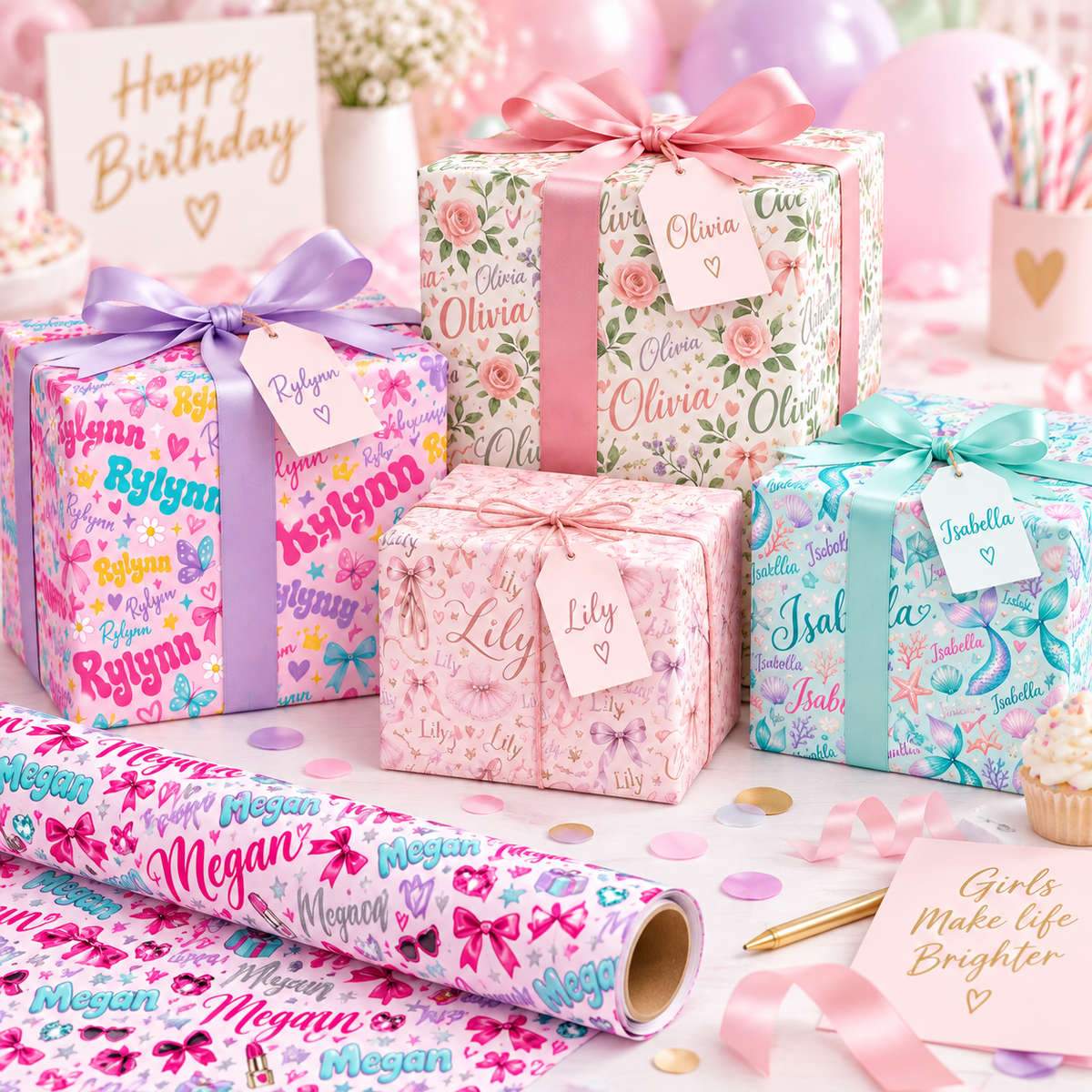 Personalized Satin Wrapping Paper With Name, Custom Birthday Gift Wrap, Kids Personalized Gift Wrap, Girls Boys Name Wrapping Paper