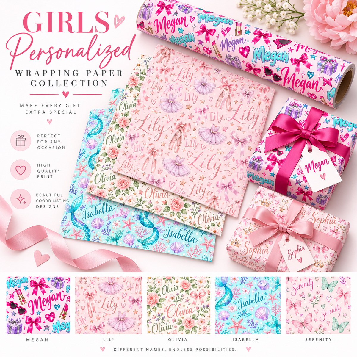 Personalized Satin Wrapping Paper With Name, Custom Birthday Gift Wrap, Kids Personalized Gift Wrap, Girls Boys Name Wrapping Paper