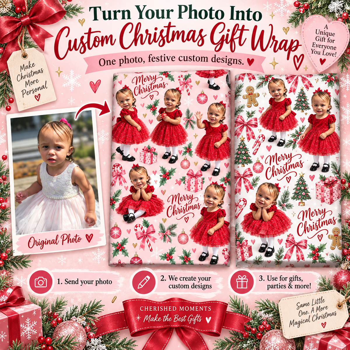 Custom Photo Gift Wrap | Personalized Wrapping Paper With Your Child, Adult or Pet Photo | Custom Birthday & Holiday Gift Wrap