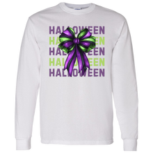 Load image into Gallery viewer, Purple and Green Halloween Coquette Bow Long Sleeved Shirt
