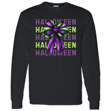 Load image into Gallery viewer, Purple and Green Halloween Coquette Bow Long Sleeved Shirt
