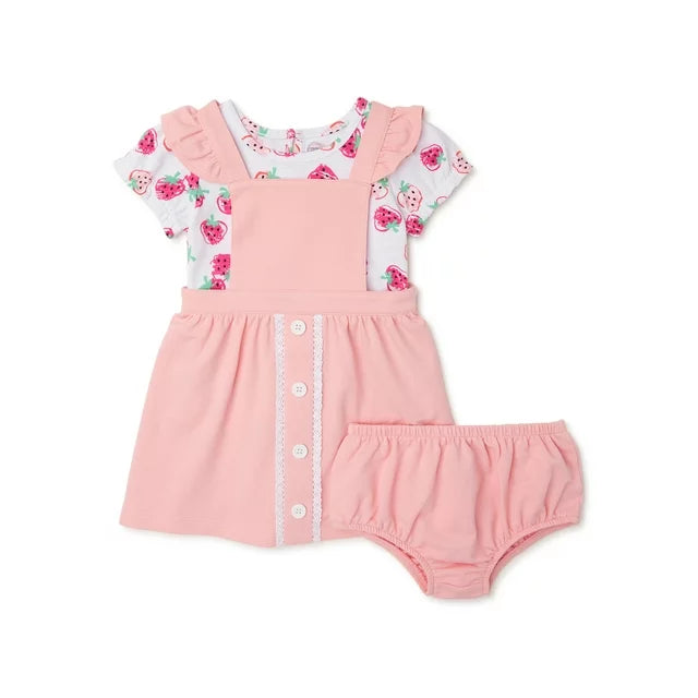 Baby Girl Pinafore Dress, Short Sleeve T-Shirt and Diaper Cover Outfit Set, 3-Piece Size 18 Mo