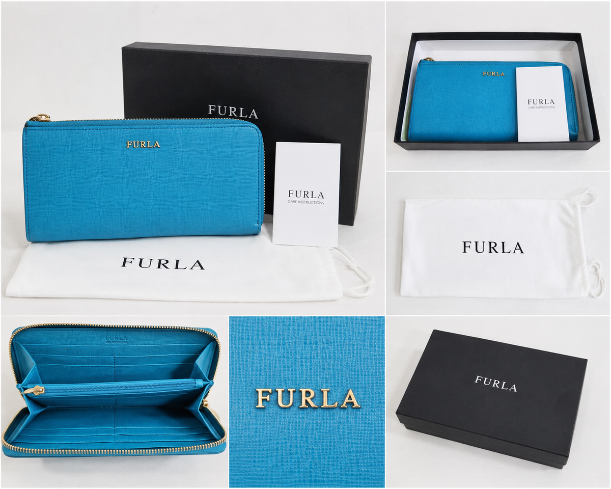 NEW Furla Blue Saffiano Leather Zip Around Wallet Authentic w/ Box Dust Bag & Papers
