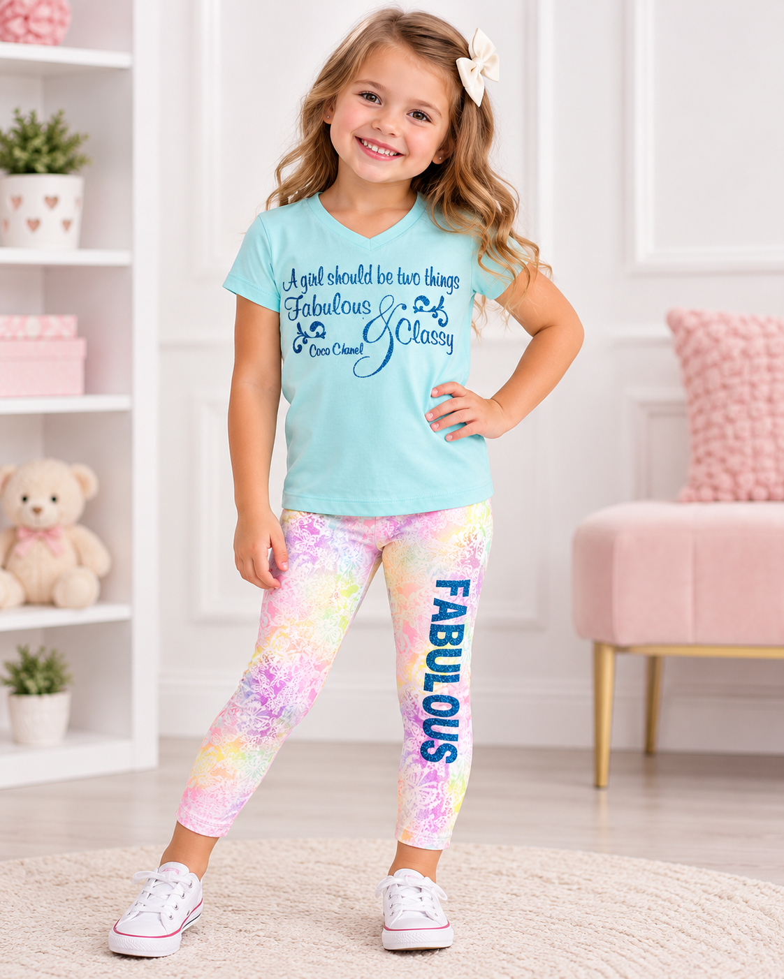 Girls Size 6–6X Fabulous & Classy Outfit Set | Aqua V-Neck Tee + Pastel Leggings