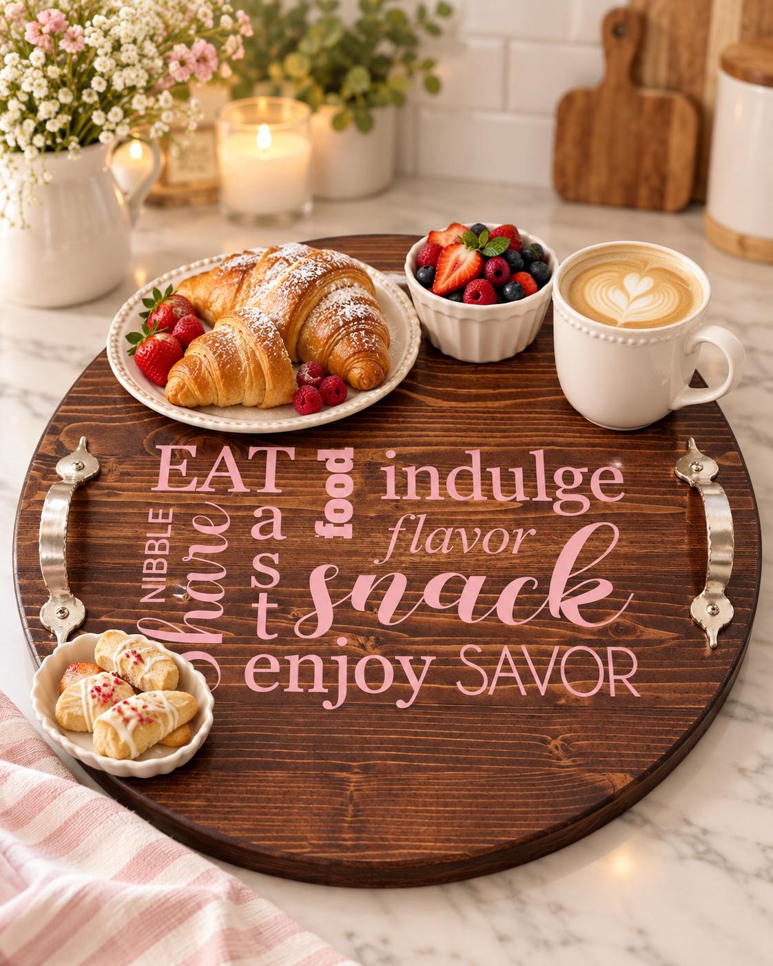 Handcrafted Round Wooden Serving Tray | Rustic Kitchen & Coffee Table Tray | Decorative Food & Snack Tray