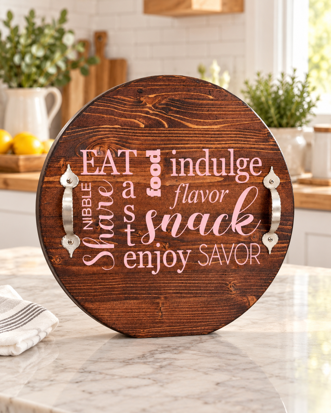 Handcrafted Round Wooden Serving Tray | Rustic Kitchen & Coffee Table Tray | Decorative Food & Snack Tray