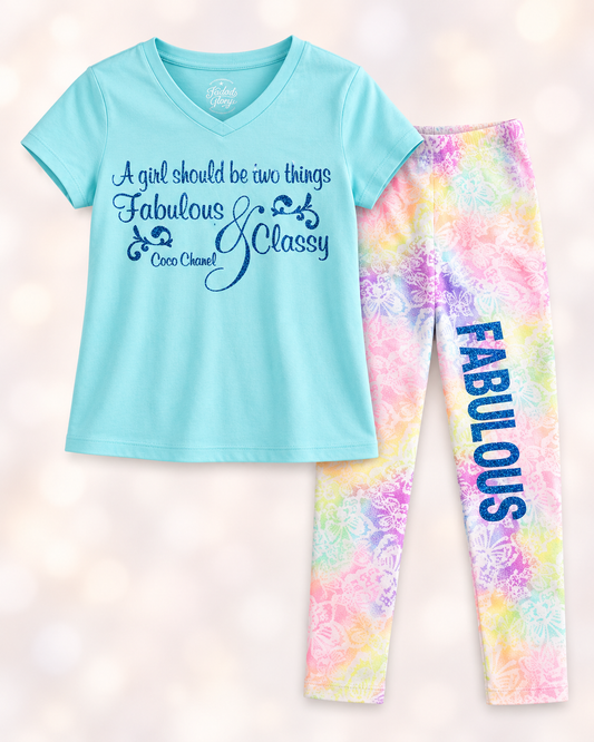 Girls Size 6–6X Fabulous & Classy Outfit Set | Aqua V-Neck Tee + Pastel Leggings